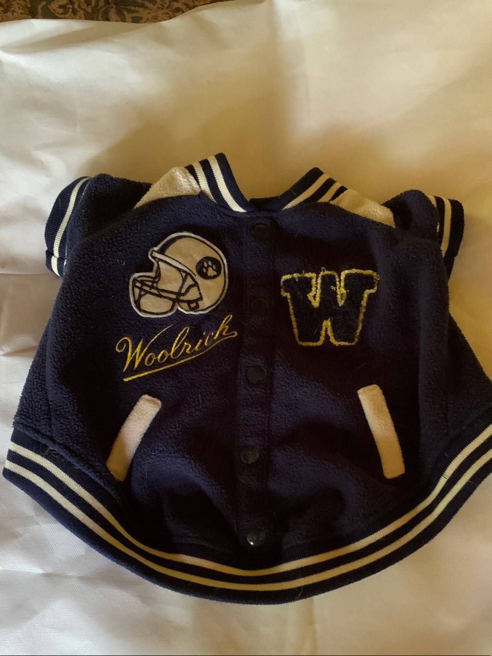 Woolrich Navy and White Letterman-Style fleece Dog Jacket with Yellow Accents